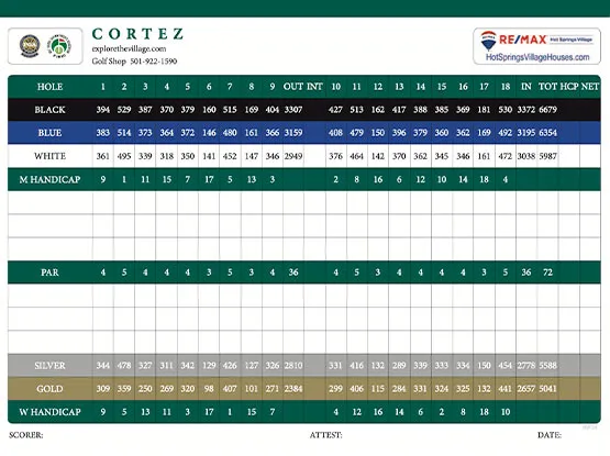 Cortez Golf Course Score Card